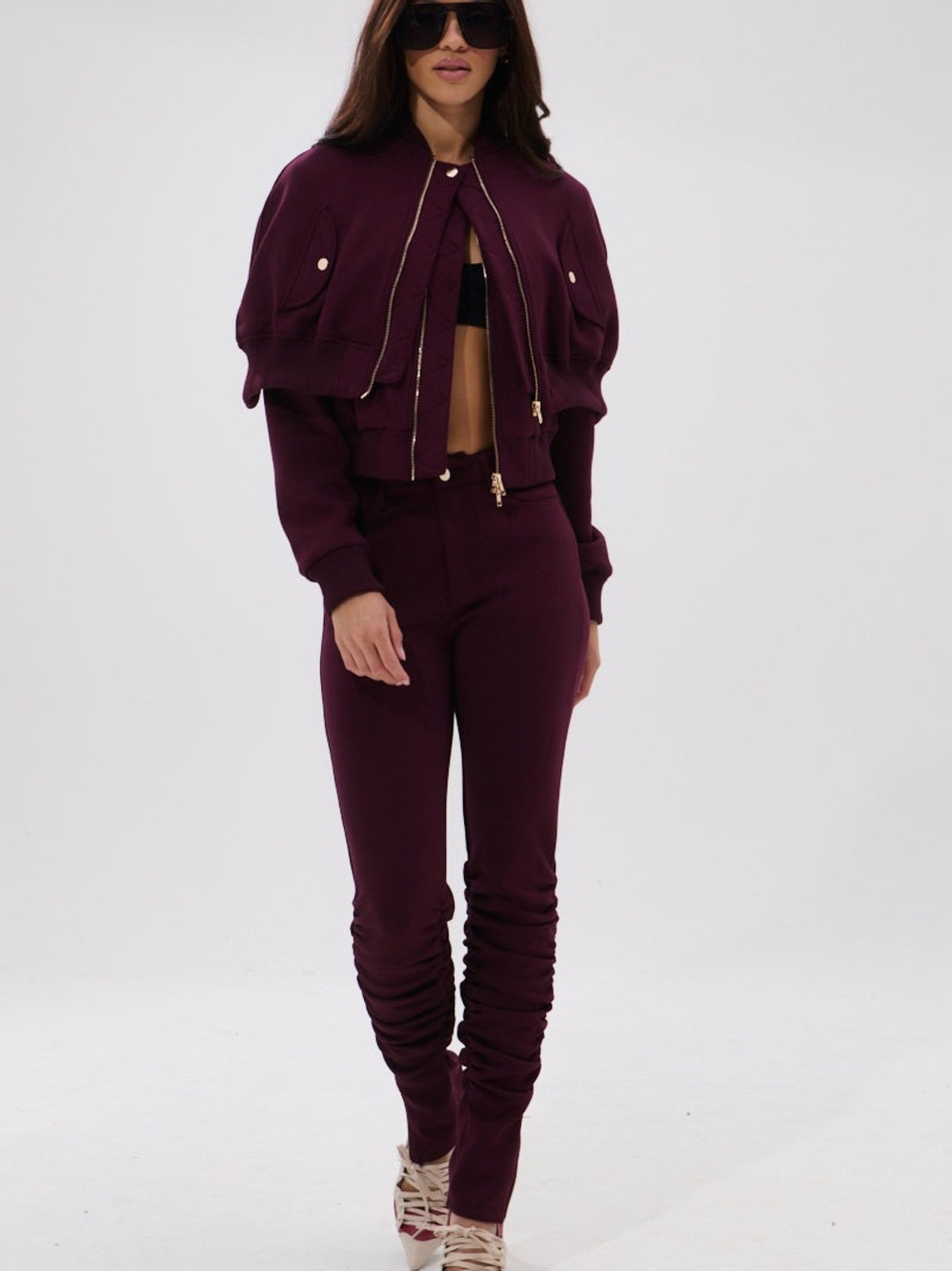 AKIRA Women’s 3 Piece Set Jacket, Cape and High Waist Ruched Leg Pant